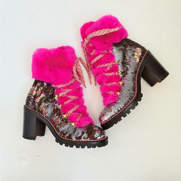 Christian Louboutin Paillettes Fanny 70 Pink Rabbit Fur Heel Combat Boots EU 37 - Picture 5 of 12